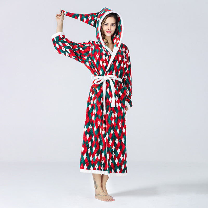 Women's Christmas Fleece Hooded Bathrobe — Plush Long Winter Robe - Divine Athena
