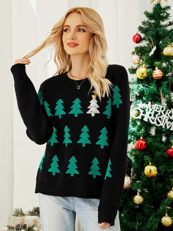 Women's Christmas Tree Sweater — Red Long-Sleeve Festive Knit - Divine Athena