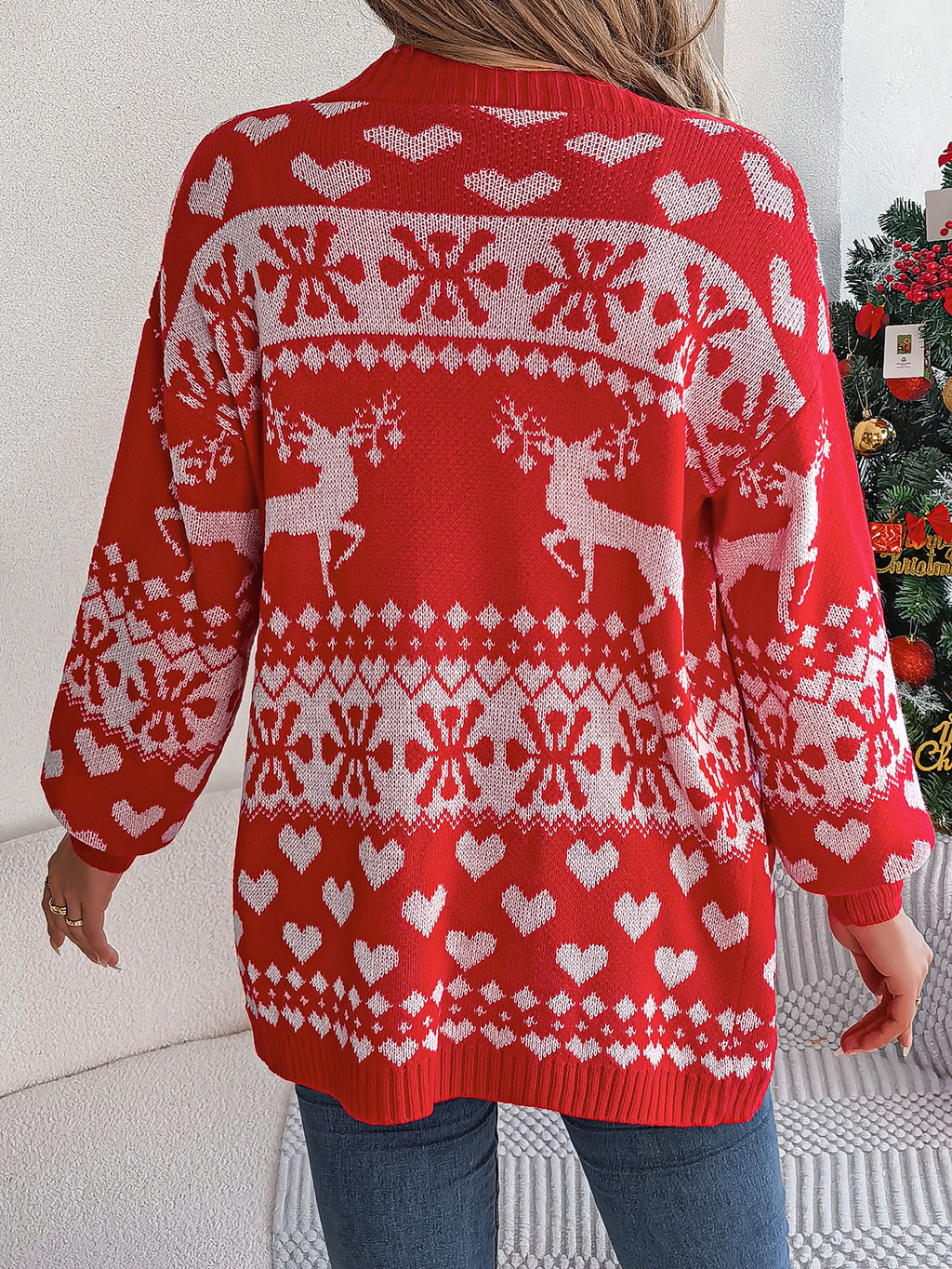 Christmas Deer Cardigan — Oversized Lantern‑Sleeve Knit with Pockets - Divine Athena