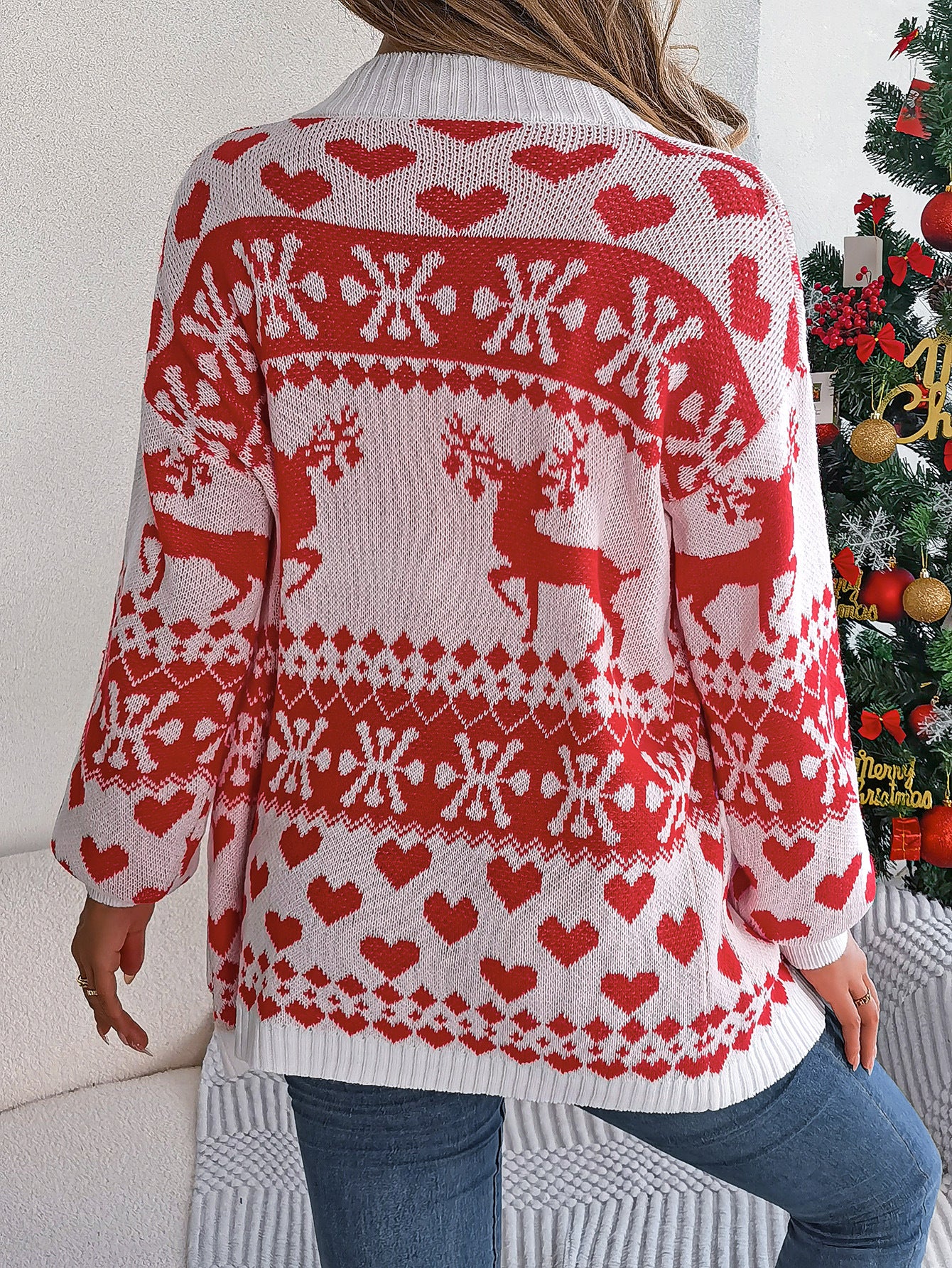 Christmas Deer Cardigan — Oversized Lantern‑Sleeve Knit with Pockets - Divine Athena