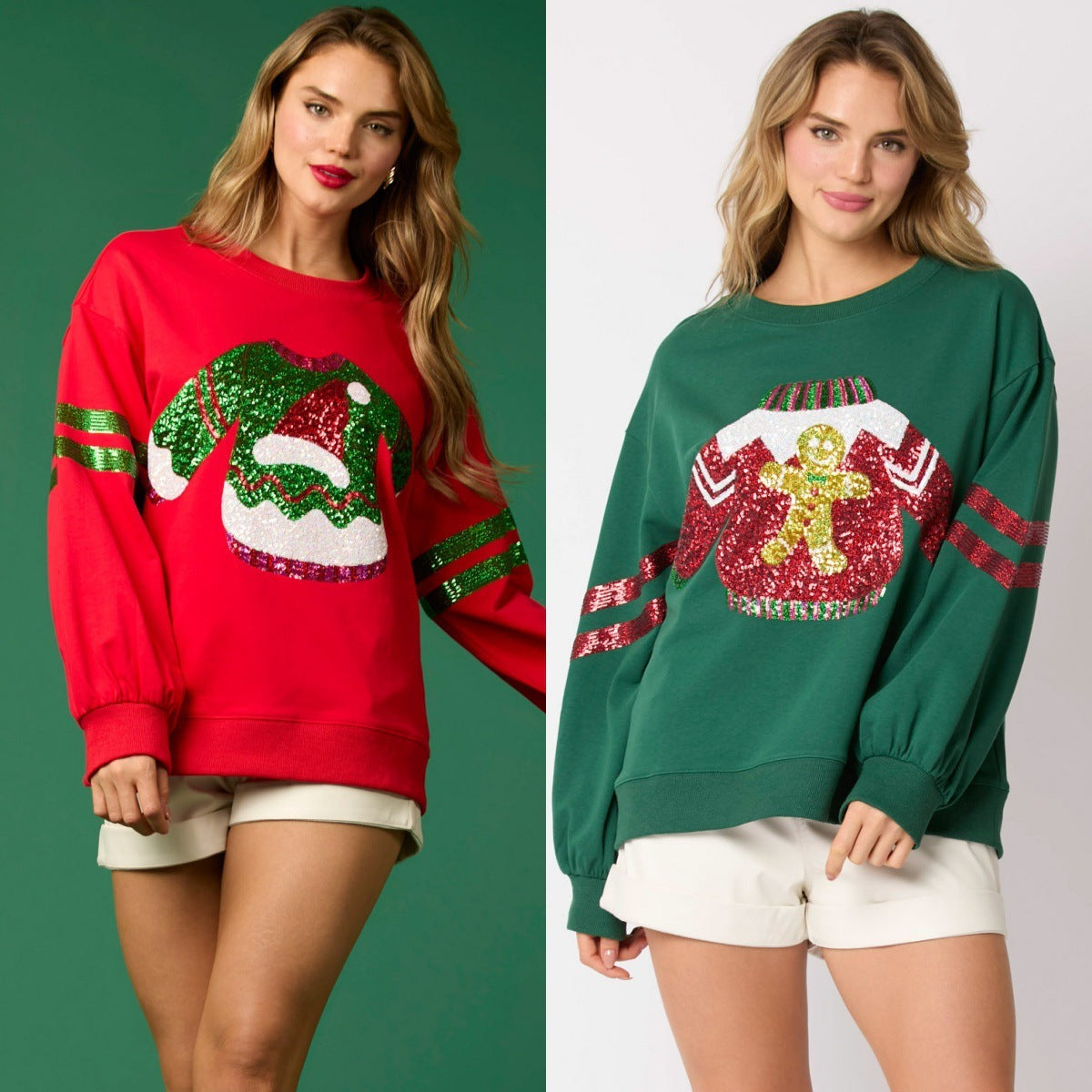 Women's Sequined Christmas Round Neck Top — Casual Festive Sweatshirt - Divine Athena