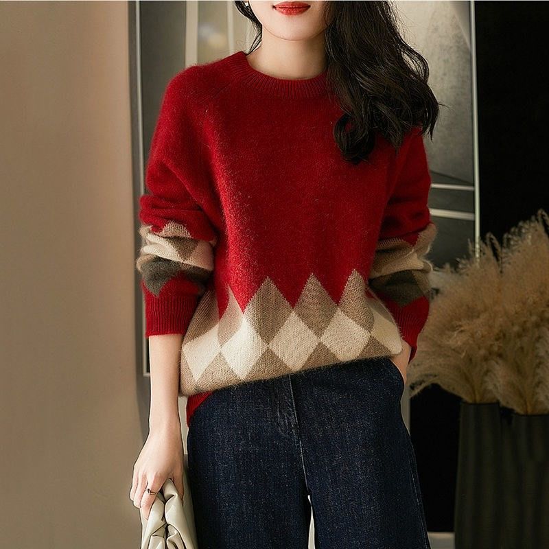 Christmas Red Round-Neck Loose Knit Sweater — Women's Festive Holiday Knitwear - Divine Athena