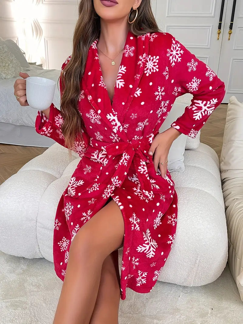 Christmas Snowflake Flannel Bathrobe — Thick Lace-Up Printed Nightrobe - Divine Athena
