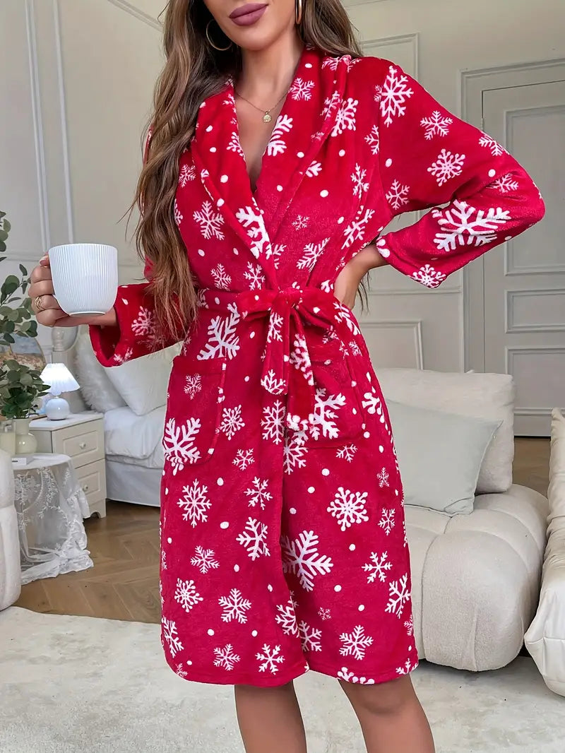 Christmas Snowflake Flannel Bathrobe — Thick Lace-Up Printed Nightrobe - Divine Athena