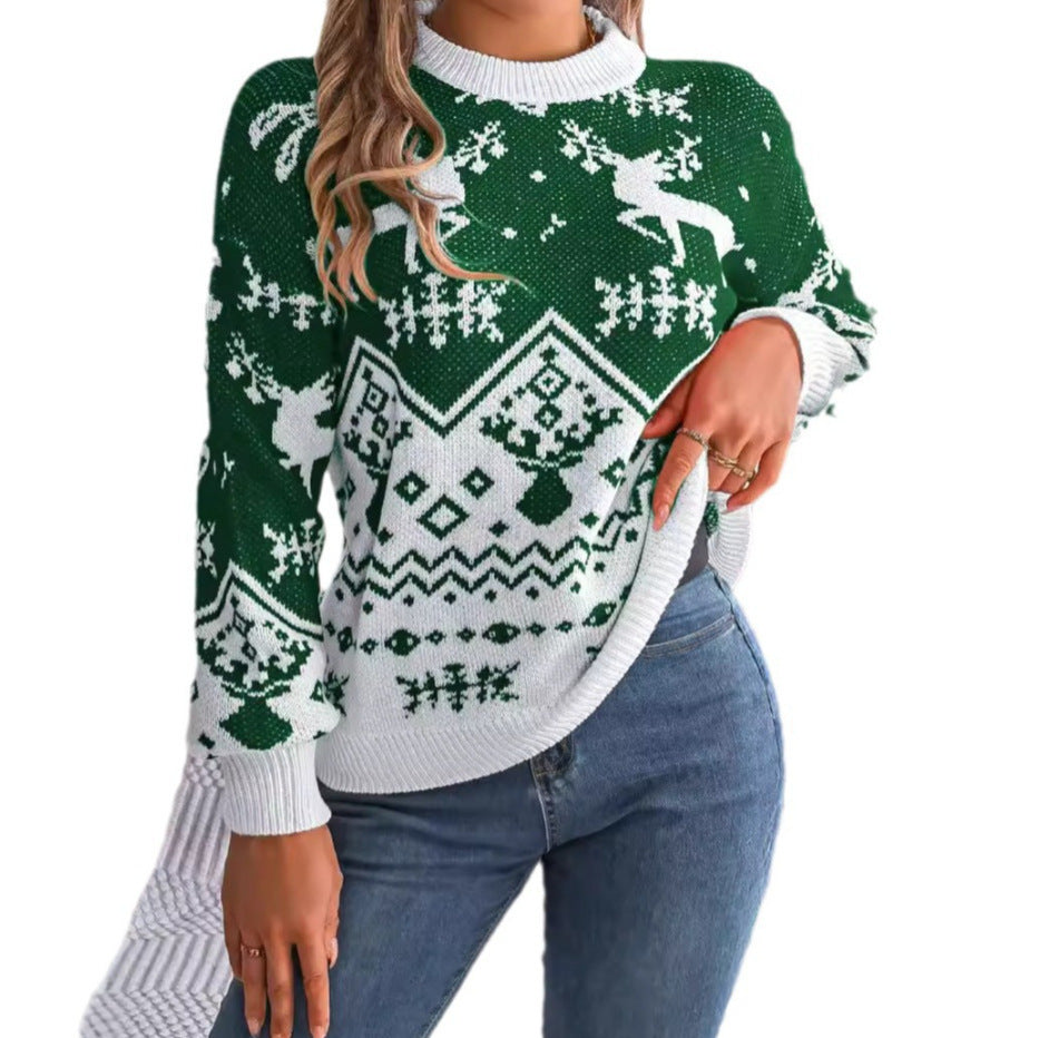 Holiday Deer-Pattern Knit Hoodie — Women’s Autumn/Winter Red & Green Christmas Sweater - Divine Athena