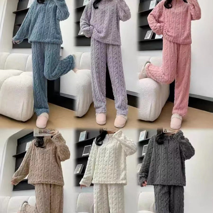 Zip Coral Fleece Pajama Set — Thick Fleece-Lined Loungewear for Autumn/Winter - Divine Athena