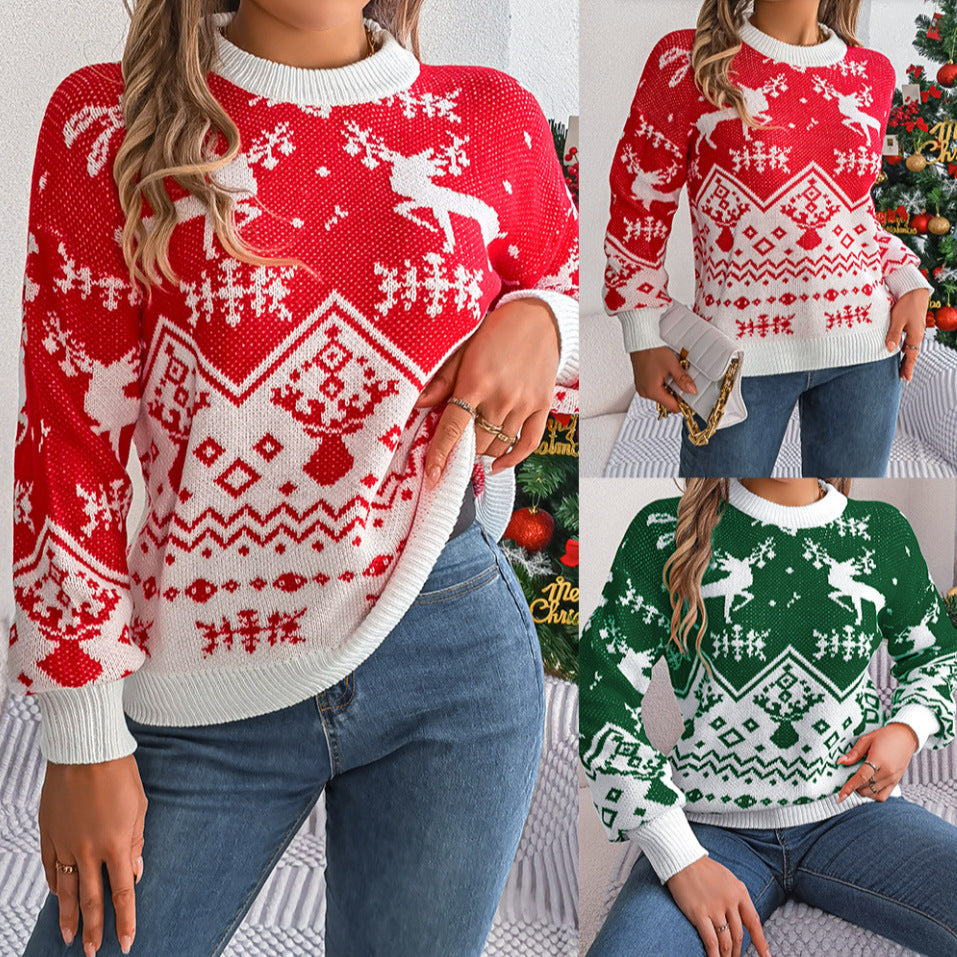 Holiday Deer-Pattern Knit Hoodie — Women’s Autumn/Winter Red & Green Christmas Sweater - Divine Athena
