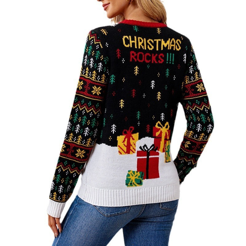 Elk & Santa Jacquard Knit Sweater — Festive Holiday Pullover - Divine Athena