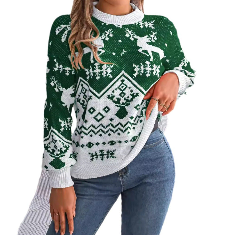 Holiday Deer-Pattern Knit Hoodie — Women’s Autumn/Winter Red & Green Christmas Sweater - Divine Athena