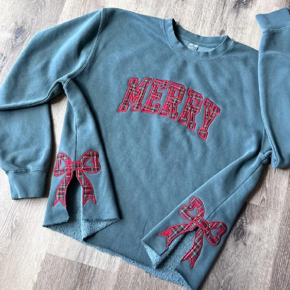 Women's Christmas Embroidered Sweater with Bowknot Elements — Festive Knitted Pullover - Divine Athena