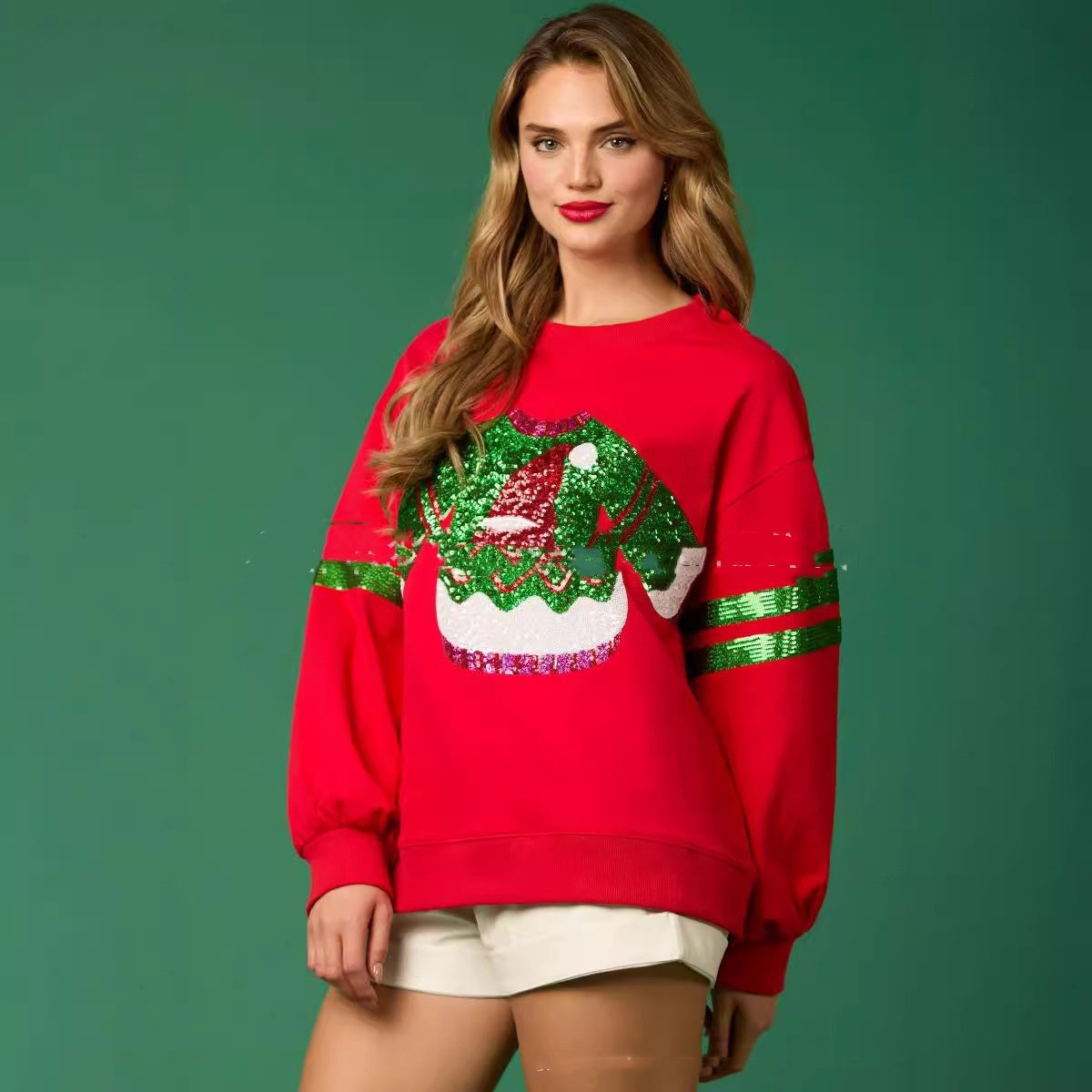 Women's Sequined Christmas Round Neck Top — Casual Festive Sweatshirt - Divine Athena