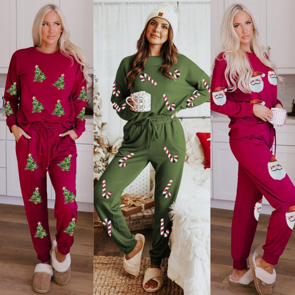 Women's Christmas Sequin Two-Piece Set — Festive Casual Lounge Outfit - Divine Athena