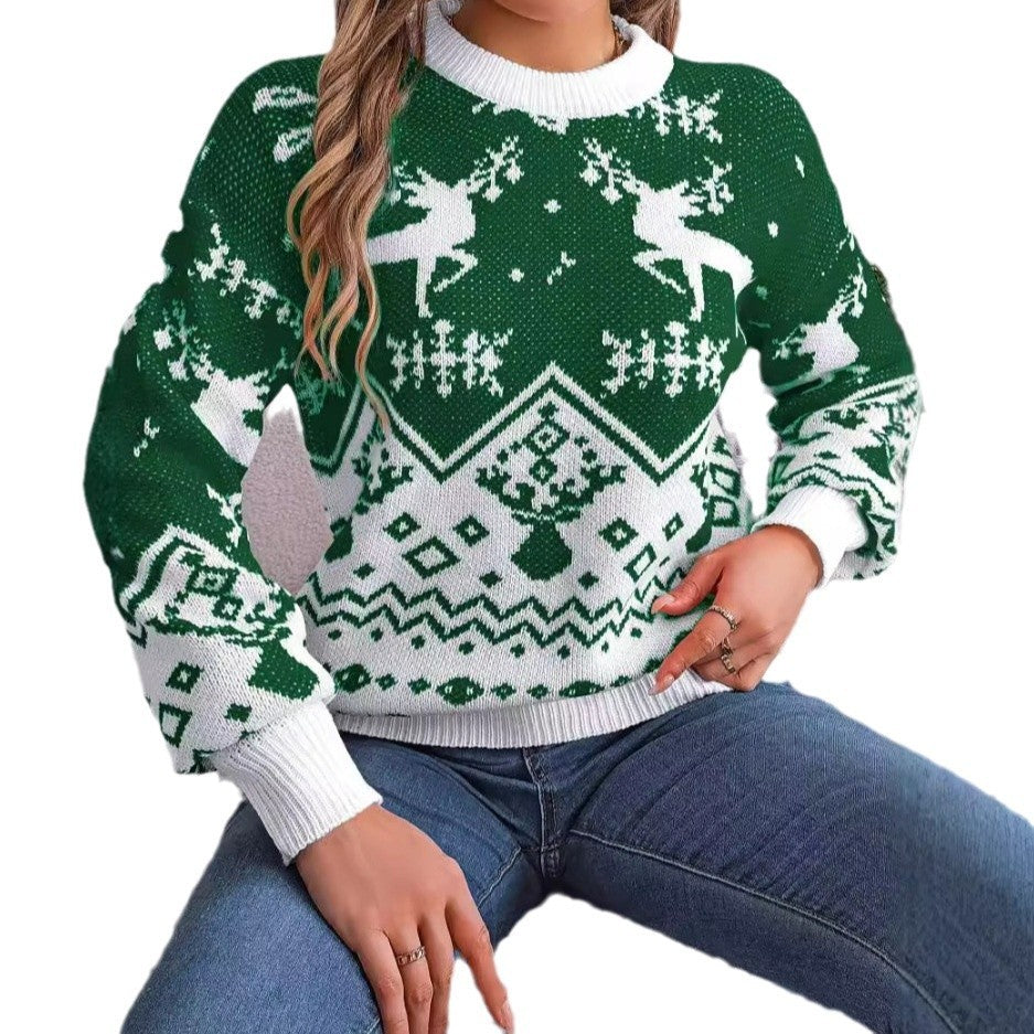 Holiday Deer-Pattern Knit Hoodie — Women’s Autumn/Winter Red & Green Christmas Sweater - Divine Athena