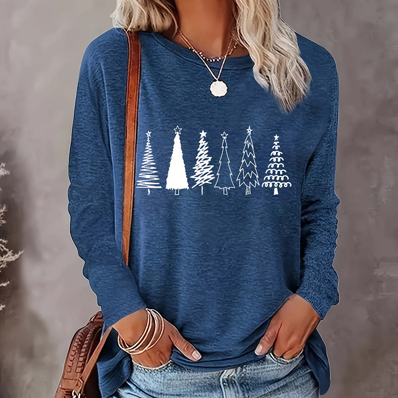 Christmas Shirts For Women, Cute Christmas Tree Graphic Long Sleeve T-Shirt, Funny Holiday Xmas Top For Party, Family Matching PJ Outfit - Divine Athena