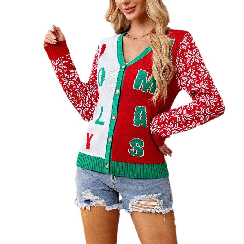Red Jacquard V-Neck Cardigan — Festive Knit Christmas Sweater - Divine Athena