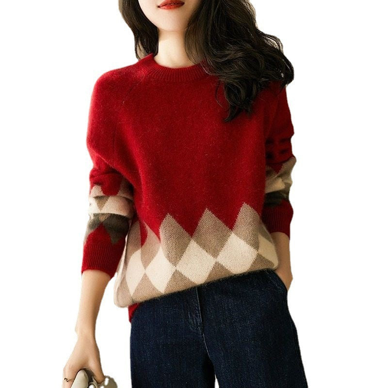 Christmas Red Round-Neck Loose Knit Sweater — Women's Festive Holiday Knitwear - Divine Athena