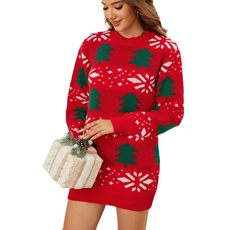 Christmas Jacquard Pullover — Long Red Festive Sweater - Divine Athena