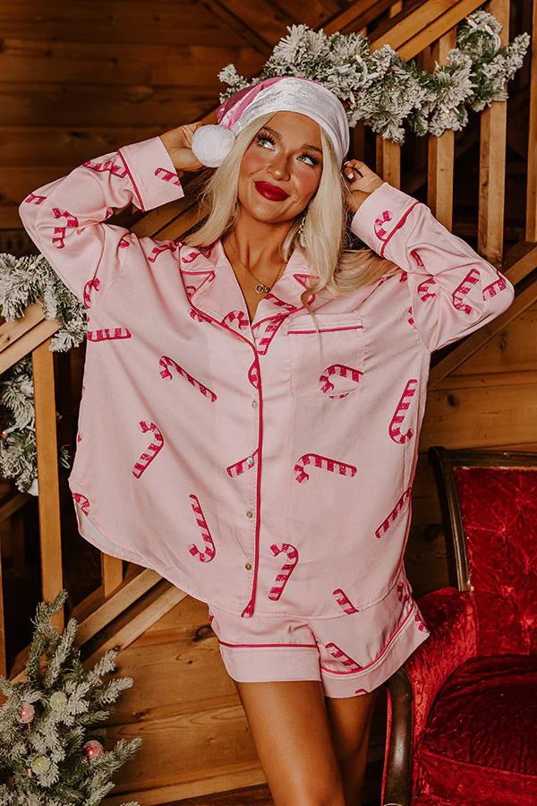 Satin Santa Print Two-Piece Loungewear — Festive Home Shorts Set - Divine Athena
