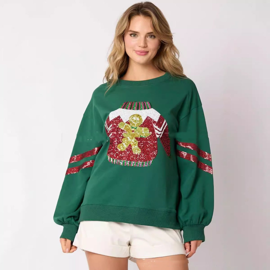 Women's Sequined Christmas Round Neck Top — Casual Festive Sweatshirt - Divine Athena