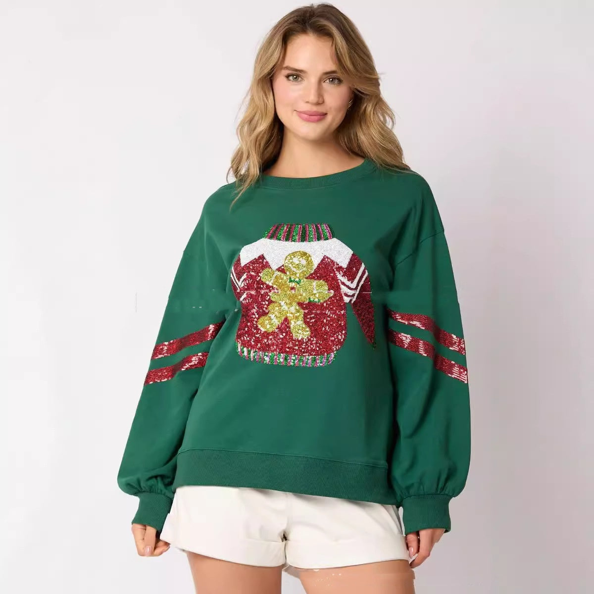 Women's Sequined Christmas Round Neck Top — Casual Festive Sweatshirt - Divine Athena