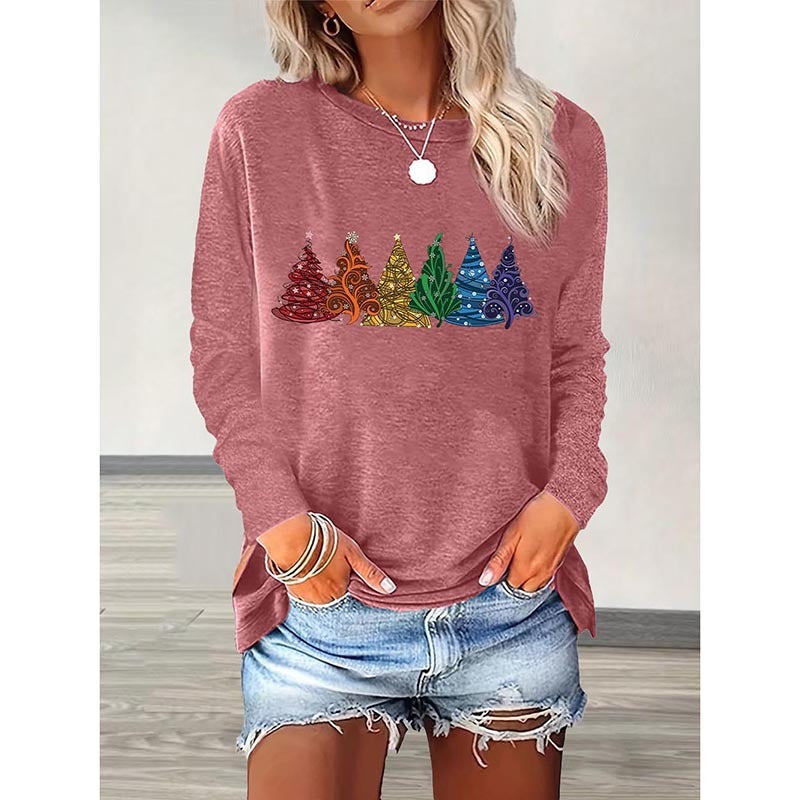 Christmas Shirts For Women, Cute Christmas Tree Graphic Long Sleeve T-Shirt, Funny Holiday Xmas Top For Party, Family Matching PJ Outfit - Divine Athena