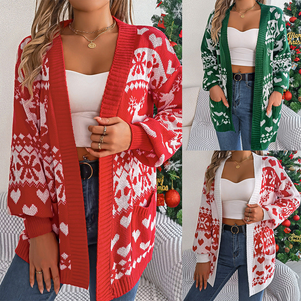 Christmas Deer Cardigan — Oversized Lantern‑Sleeve Knit with Pockets - Divine Athena
