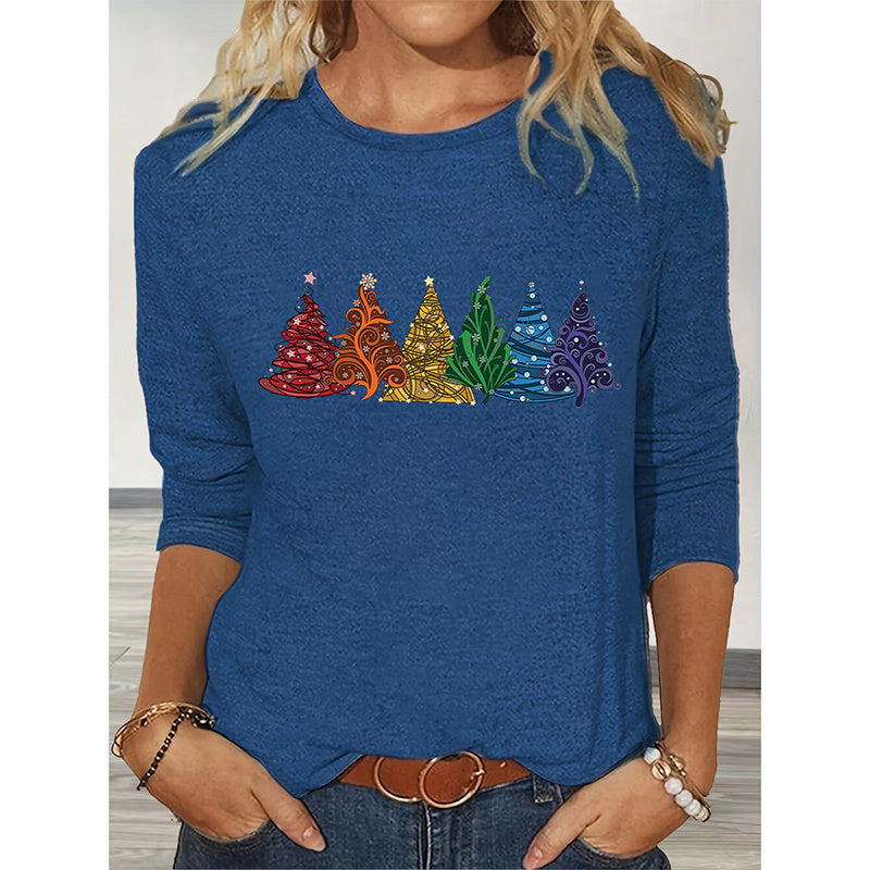 Christmas Shirts For Women, Cute Christmas Tree Graphic Long Sleeve T-Shirt, Funny Holiday Xmas Top For Party, Family Matching PJ Outfit - Divine Athena